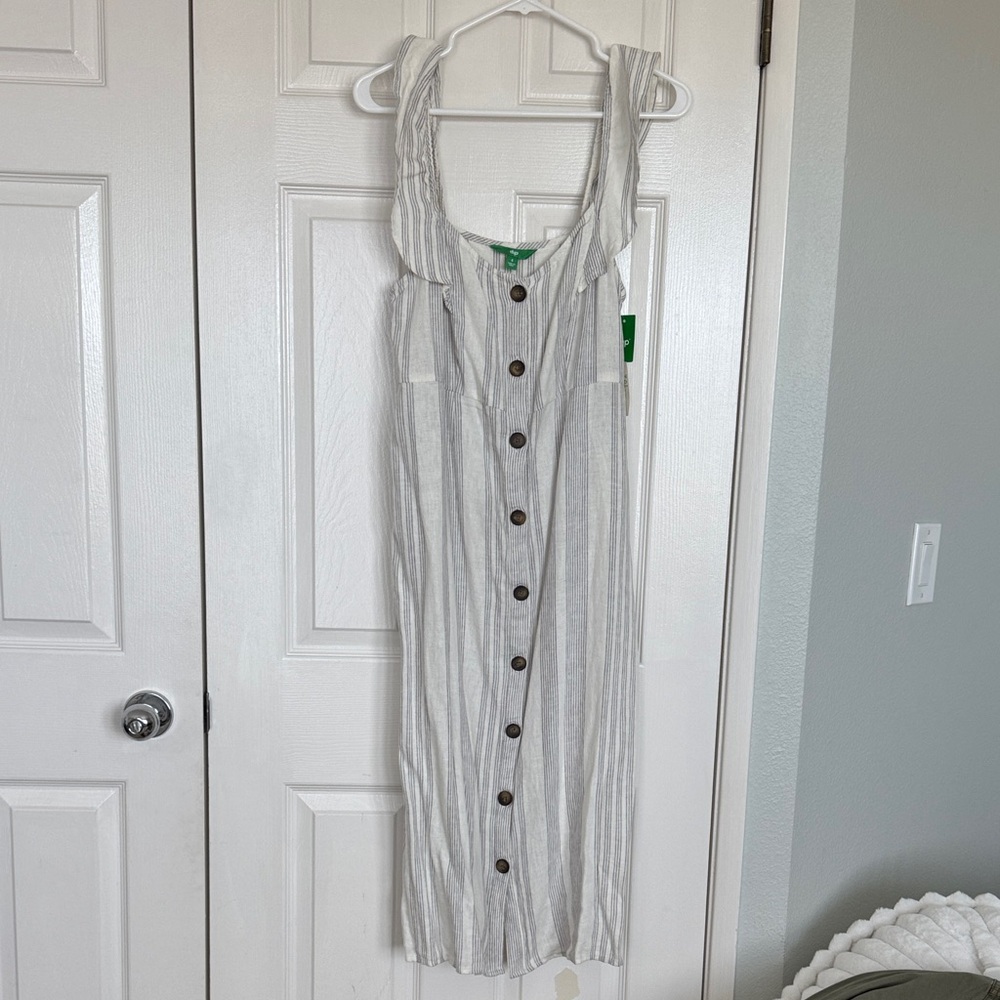 dip Light Gray and White Striped Midi Button-Front Dress